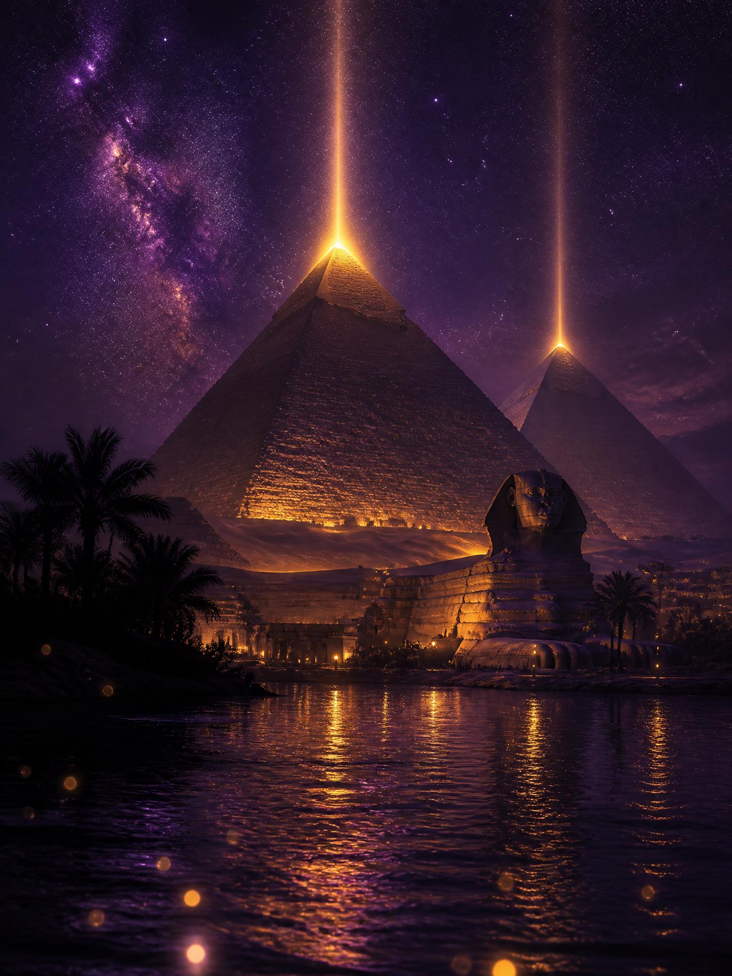 Pyramids, sphinx and the Nile at night